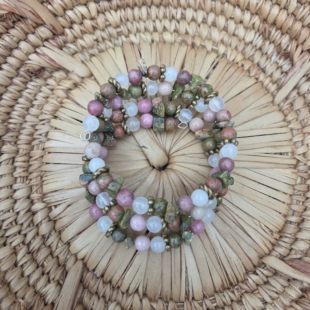 Unakite Rhodonite White Jade Beaded Wrap Bracelet Boho Southwestern Artisan